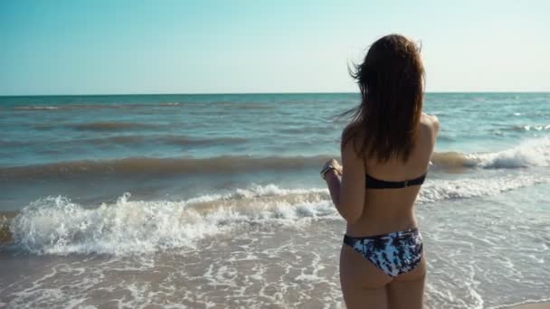 Slender Brunette Woman Standing Enjoying Sea Horizon Bikini Slo Arty — Stock Video