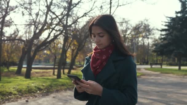 Femme Brune Intelligente Debout Dans Parc Naviguant Sur Net Automne — Video