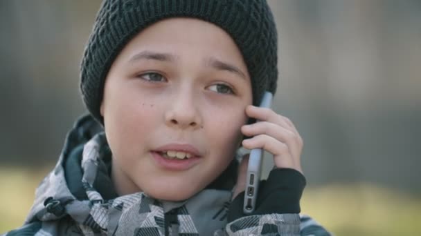 Niño Inteligente Sombrero Punto Hablando Con Abuela Teléfono Parque Otoño — Vídeo de stock