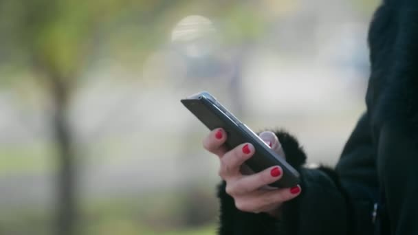 Parlak Makyajlı Bir Kadının Eli Sonbaharda Açık Havada Bir Telefonda — Stok video