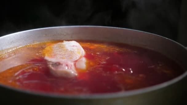 Kaynayan Büyük Bir Güveçten Tatmak Için Bir Kaşık Borş Alan — Stok video