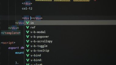 Programlama çalışmaları geniş siyah bir pc ekranda birçok sembol ile resmedilmiştir. Programlama sürecinin birçok işareti, numarası ve harfi ile büyük siyah ekranda gösterilen profesyonel görünüm, akıllı bir şekilde görünür ve hareket eder..