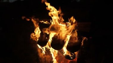 Şömine ateşi, kırmızı ve turuncu gölgelerden oluşan büyüleyici dilleriyle şömine alevinin ilham verici görüntüsünü yavaş çekimde şakacı ateş çatallarıyla kaplı yığınlara yerleştiriyor. Büyüleyici ve şenlikli görünüyor..