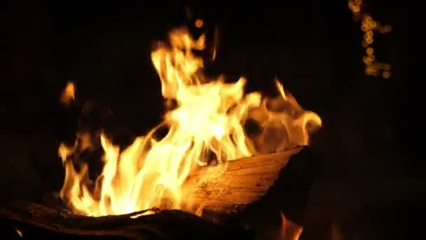 暖炉の炎は スロモの黄色とオレンジの影の遊び心のある舌で炎を置き換えますスローモーションで刺激的な火フォークで覆われたスタックに配置されたログと暖炉の炎の素晴らしい景色 魅惑的でリラックスした — ストック動画