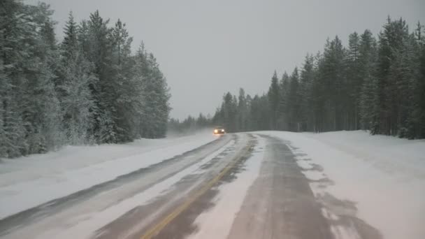 Magische Autobahn Einem Verschneiten Kiefernwald Und Ein Auto Richtung Frostiges — Stockvideo