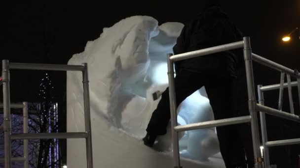 Feliz Hombre Dando Forma Divertido Muñeco Nieve Bailando Con Una — Vídeo de stock