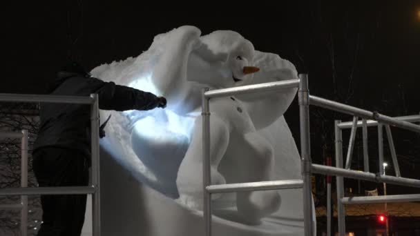 雕塑家晚上带着胡萝卜在芬兰做一个滑稽的雪人令人振奋的是看到一个职业雕塑家在芬兰做一个滑稽的跳舞雪人微笑 晚上用胡萝卜代替鼻子 看起来很开心 — 图库视频影像