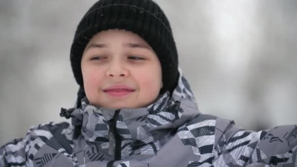 Vrolijke Jongen Staand Handen Omhoog Glimlachend Een Besneeuwd Park Zonnige — Stockvideo