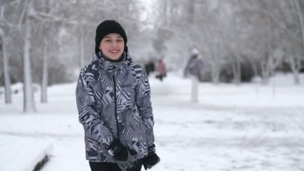Menino Feliz Correndo Acenando Com Mãos Uma Pista Parque Inverno — Vídeo de Stock