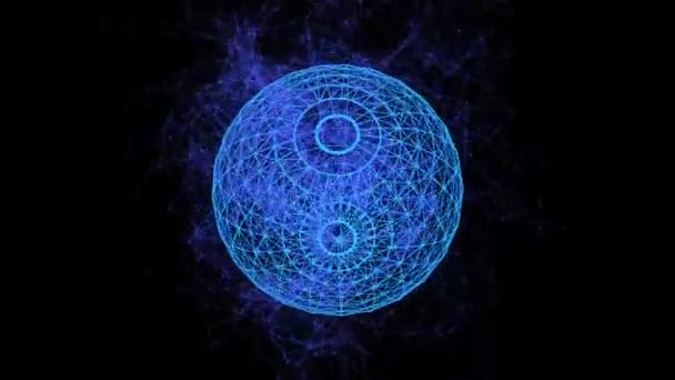 从交叉线网络中产生的浅蓝色球体在黑色背景中膨胀光学艺术3D使浅蓝色球体迅速增大 并在黑色背景中旋转成多个锯齿状条纹 — 图库视频影像