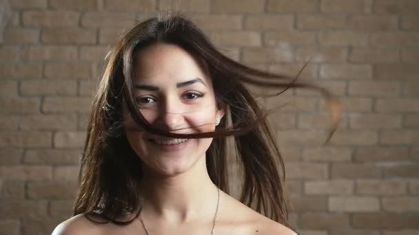 Chirpy Young Brunette Girl Open Shoulders Looks Fanciful Studio Slo — Stock Video