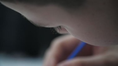 Genç ressam, büyük bir stüdyodaki beyaz bir kağıda dar bir fırçayla, uzun mavi püsküllü beyaz bir şeyin resmini yapan genç bir sanatçıya ilham veren bir taslak çiziyor. İnce ve sofistike fırça darbeleri yapar..