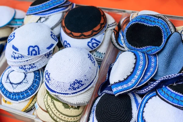 Kippahs Yarmulkes Sombreros Judíos Cubre Estrella Israelí David Recuerdos Safed —  Fotos de Stock