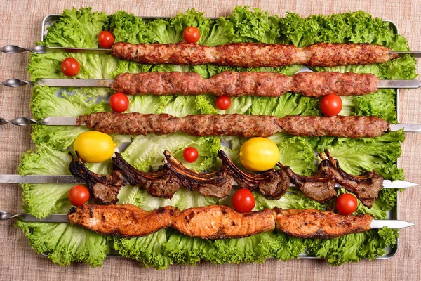 Kyckling Lax Och Köttfärs Kebabs Pergament Ovanifrån — Stockfoto