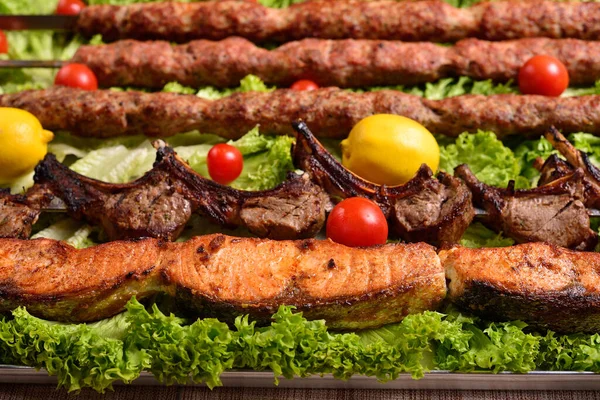 Kebab Pollo Salmone Carne Shish Pergamena — Foto Stock