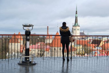 Patkuli Manzara Platformu 'ndan Tallinn' in siluetini izleyen bir kadın..