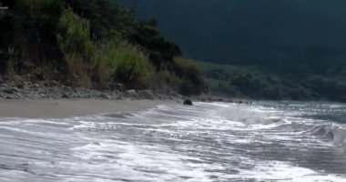 Yaz günü iskele ile deniz sahil şeridi, dalgaların görünümü