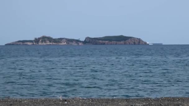 Buque e islas de transporte de carga en el horizonte marítimo — Vídeos de Stock