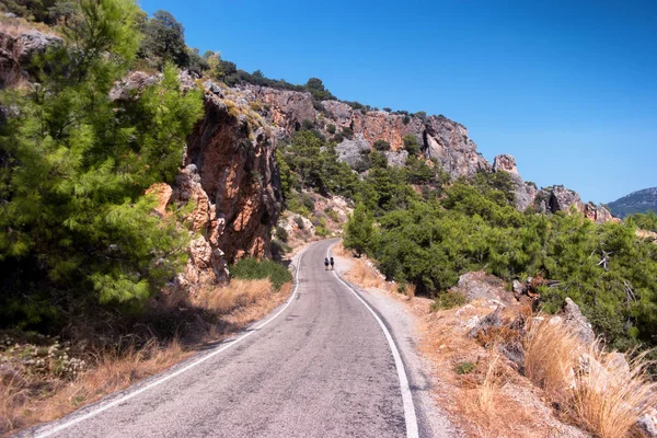 İki genç turist zammı yolun ortasında tarafından gidiş sırt çantaları 
