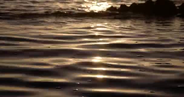 Piękny wschód słońca złote na brzegu morza, fale rozpryskiwania w pobliżu skał, lato świąteczny charakter obiektów tła — Wideo stockowe