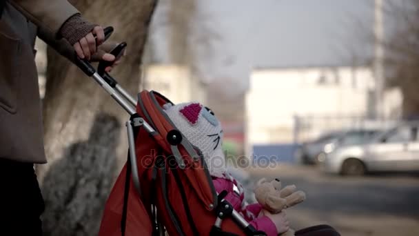 Carino bambina cammina nel passeggino con sua madre — Video Stock