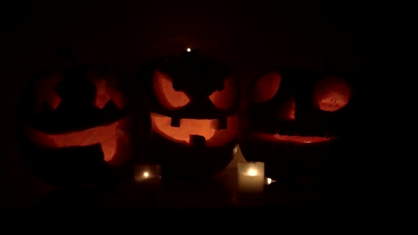 Un gruppo di zucche si è illuminato la notte di Halloween — Video Stock