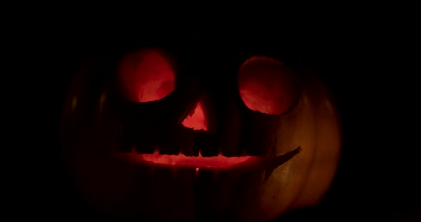 Closeup της τρομακτικό διακοπές Απόκριες χαρασμένες κολοκύθες λαμπερό. Jack-O-φανάρι — Αρχείο Βίντεο