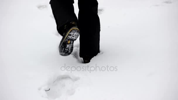 Piernas en botas de invierno haciendo un paso a través de la nieve gruesa. Primer plano en Zapatos. Steadicam Shot. Caminar en el banco de nieve, Senderismo en invierno . — Vídeo de stock