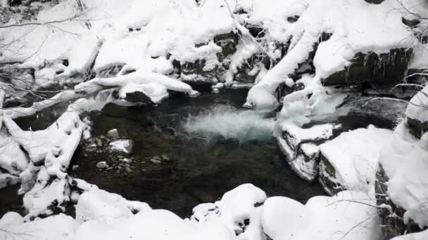 Frusna vattenfall i vinter Isnowy berg skog — Stockvideo