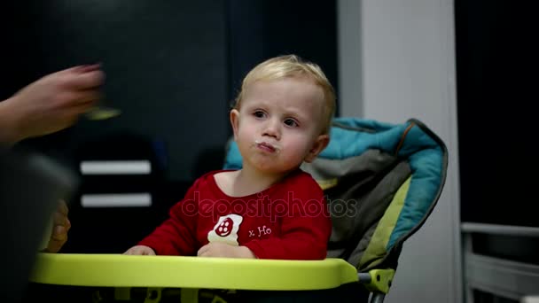 Madre alimentando a su bebé con una cuchara. Madre dando comida a su adorable hijo de dos años — Vídeos de Stock