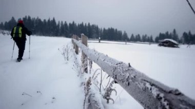 Uzun yürüyüşe çıkan kimse arkadan görünüm ağır karla kaplı bir orman içinde izinde