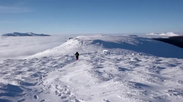 バックパック旅行者は雲の海の海岸で遠くの峰を望む雲上冬ハイキングを作る — ストック動画