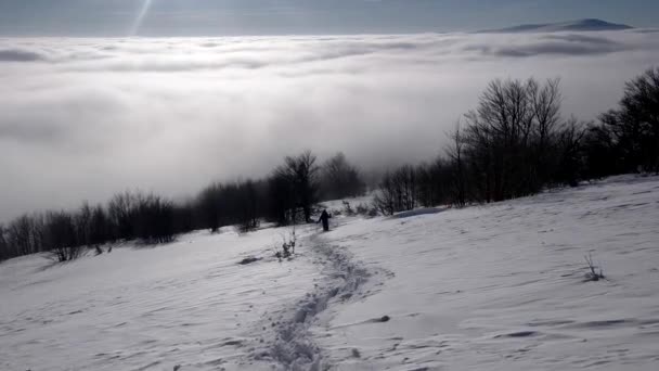 Viajeros con mochilas hacen una caminata de invierno por encima de las nubes con una vista de los picos distantes junto a una costa del mar nuboso — Vídeos de Stock