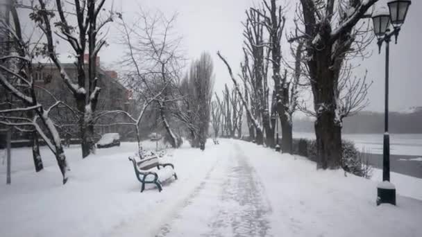 万向节稳定 Pov Shot 的人走过白雪覆盖的小巷，冬天大堤大道 — 图库视频影像