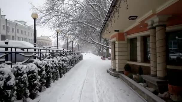 Gimbal estabilizado Pov Shot de alguien caminando por el callejón cubierto de nieve, Avenida en el Invierno Embankment — Vídeo de stock