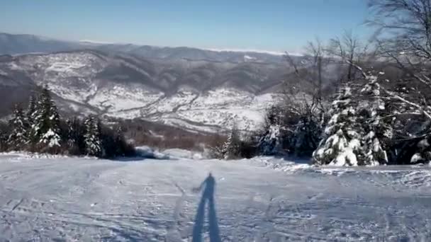 Швидкий лижник їде вниз засніжених схилах незайманих день на гору з ясному небі та засніжених дерев на стороні — стокове відео