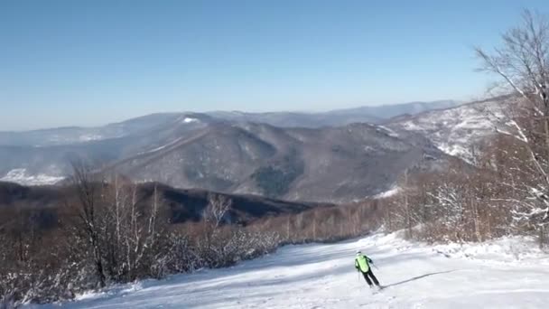 눈 덮인 슬로프 아래 전문 스키어 조각의 후면 보기 — 비디오