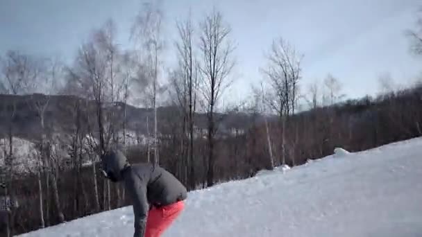 Vista trasera del esquiador profesional tallando por la ladera nevada — Vídeo de stock