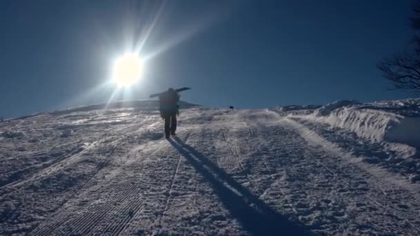 Freeride Snowboarder Arrampicata sulla cima della montagna nella località di sci di montagna Backcountry — Video Stock