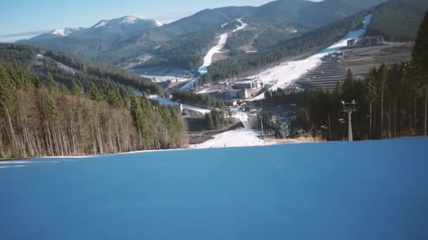 Esquiador profesional esculpido en las pistas nevadas de la montaña con cielos despejados y árboles nevados a un lado — Vídeos de Stock