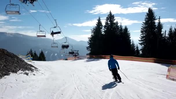 Esquiador profesional esculpido en las pistas nevadas de la montaña con cielos despejados y árboles nevados a un lado — Vídeos de Stock