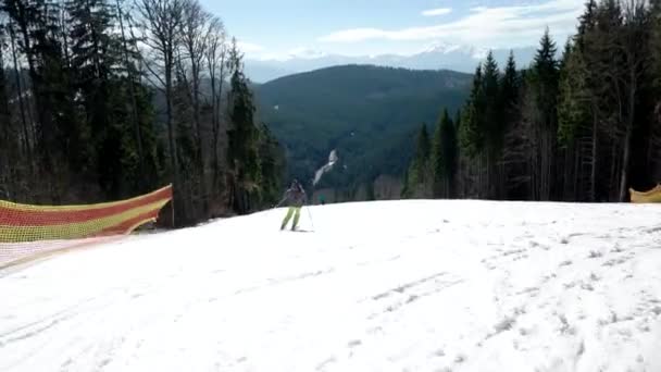 Esquiador profesional esculpido en las pistas nevadas de la montaña con cielos despejados y árboles nevados a un lado — Vídeos de Stock