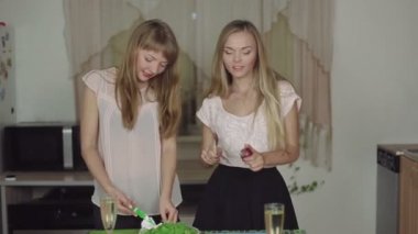 Kadınlar bir mutfak ve şampanya gülümseyen içme Talking dans hızlı 50 fps sağlıklı gıda