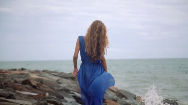 Чудова молода дівчина з красивою фігурою позує і йде уздовж моря — стокове відео