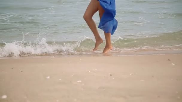 Magnifique jeune fille avec une belle silhouette posant et se promène le long du bord de mer — Video