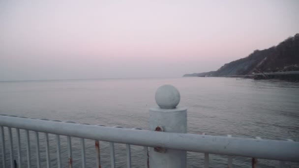 海の上のカメラを見て桟橋の女性 — ストック動画