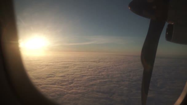 बादलों के ऊपर विमान विंडो सूर्यास्त से दृश्य 50 एफपीएस से धीमी गति पूर्ण एचडी — स्टॉक वीडियो