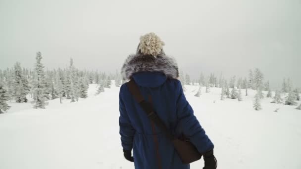 Ung vacker kvinna poserar över vintern skog. Utomhus vinter porträtt över snöiga bakgrund. — Stockvideo