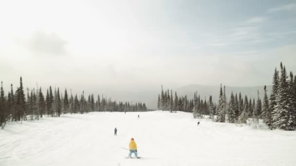 Joven snowboarder hembra montando nieve fresca en polvo en una hermosa montaña nevada en invierno soleado. nieve en polvo perfecta fuera de pista en estación de esquí de montaña . — Vídeos de Stock