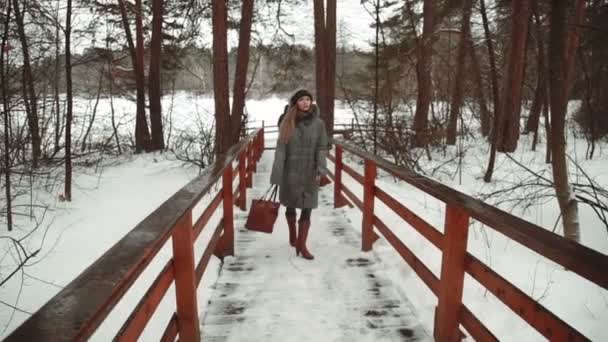 Joven modelo hermosa posando sobre el bosque de invierno. Retrato de moda con estilo . — Vídeos de Stock